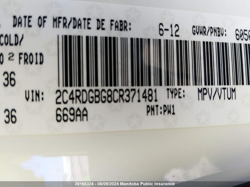 2012 Dodge Grand Caravan Se VIN: 2C4RDGBG8CR371481 Lot: 20168324