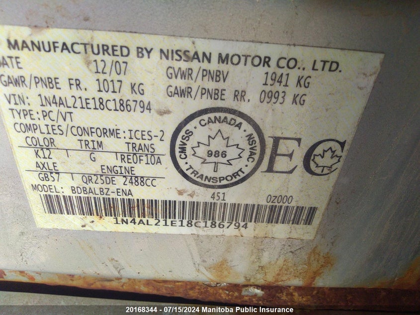 2008 Nissan Altima 2.5 S VIN: 1N4AL21E18C186794 Lot: 20168344