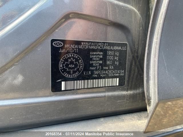 2012 Hyundai Sonata Gls VIN: 5NPEB4AC8CH314194 Lot: 20168354