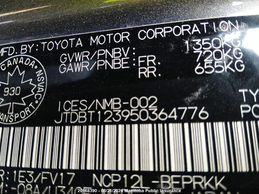 2005 Toyota Echo VIN: JTDBT123950364776 Lot: 20168390