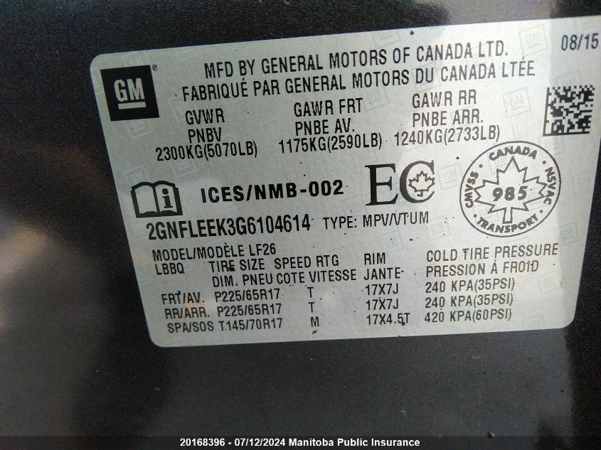 2016 Chevrolet Equinox Ls VIN: 2GNFLEEK3G6104614 Lot: 20168396