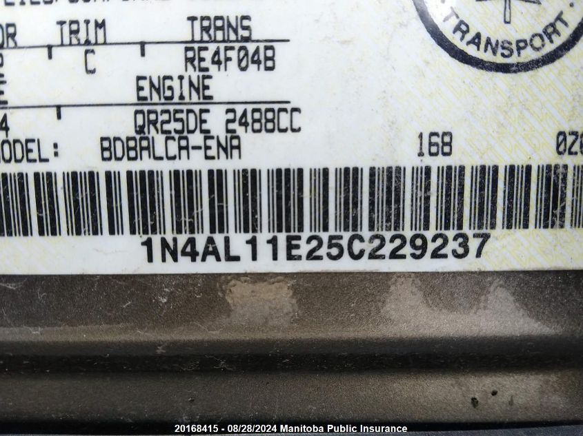 2005 Nissan Altima 2.5 S VIN: 1N4AL11E25C229237 Lot: 20168415
