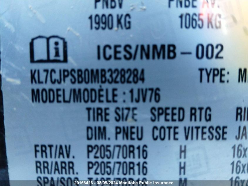 2021 Chevrolet Trax Lt VIN: KL7CJPSB0MB328284 Lot: 20168426