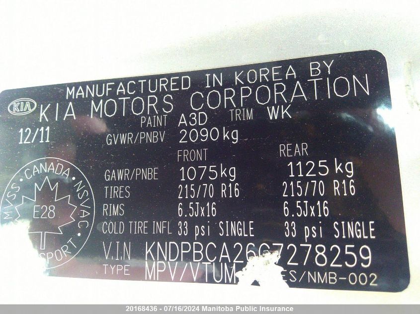 2012 Kia Sportage Lx VIN: KNDPBCA26C7278259 Lot: 20168436