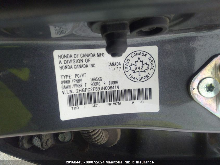 2018 Honda Civic Ex VIN: 2HGFC2F89JH008414 Lot: 20168445