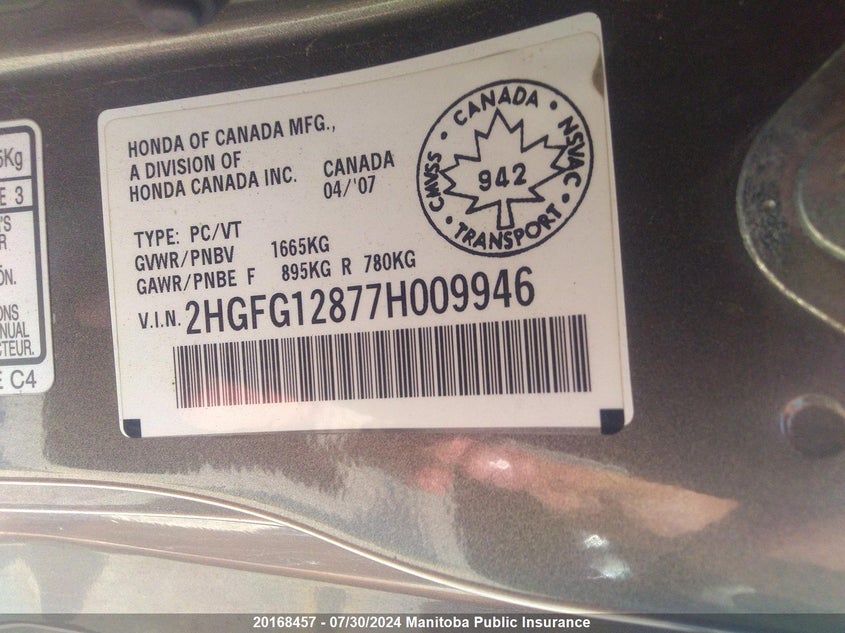 2007 Honda Civic Ex VIN: 2HGFG12877H009946 Lot: 20168457