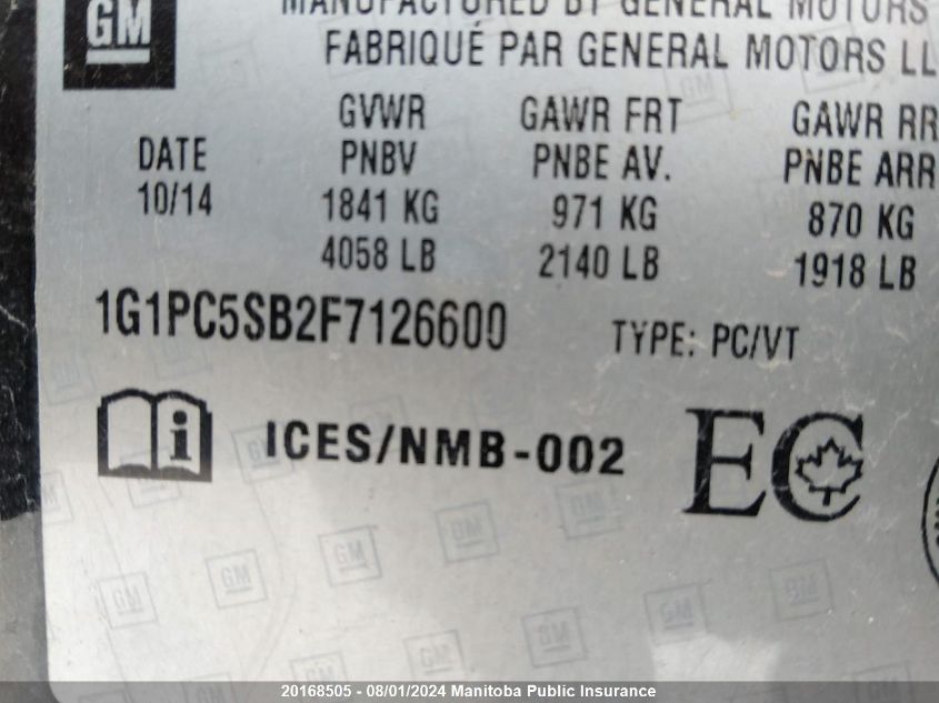 2015 Chevrolet Cruze Lt Turbo VIN: 1G1PC5SB2F7126600 Lot: 20168505