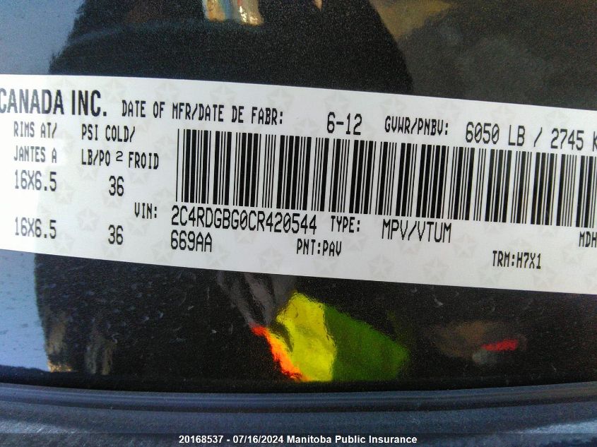 2012 Dodge Grand Caravan Se VIN: 2C4RDGBG0CR420544 Lot: 20168537