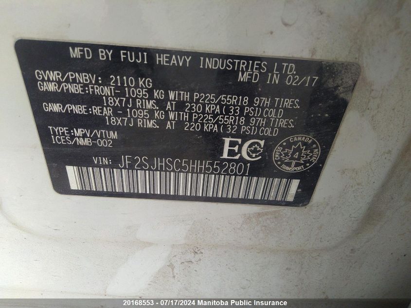 2017 Subaru Forester 2.0Xt VIN: JF2SJHSC5HH552801 Lot: 20168553