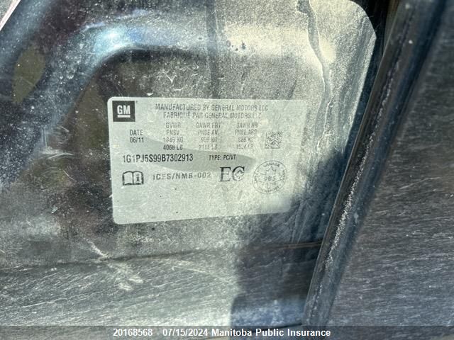 2011 Chevrolet Cruze Eco Turbo VIN: 1G1PJ5S99B7302913 Lot: 20168568