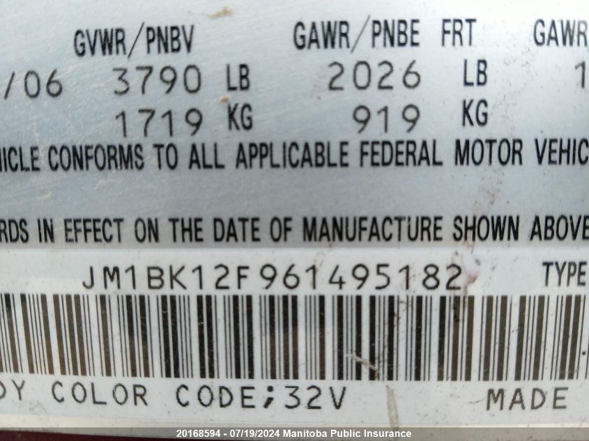 2006 Mazda Mazda3 Gs VIN: JM1BK12F961495182 Lot: 20168594