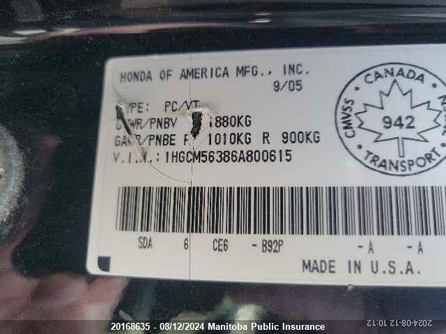 2006 Honda Accord Se VIN: 1HGCM56386A800615 Lot: 20168635