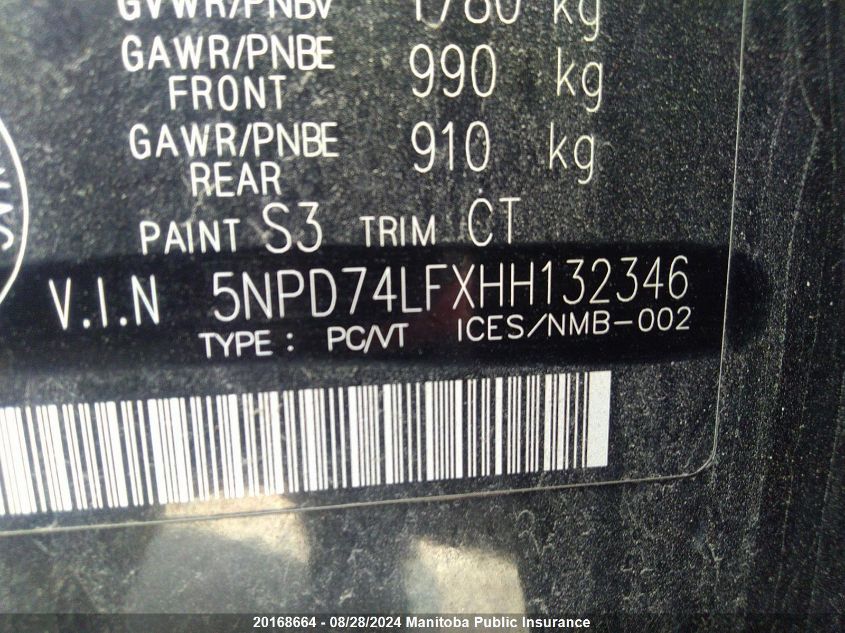 2017 Hyundai Elantra Le VIN: 5NPD74LFXHH132346 Lot: 20168664