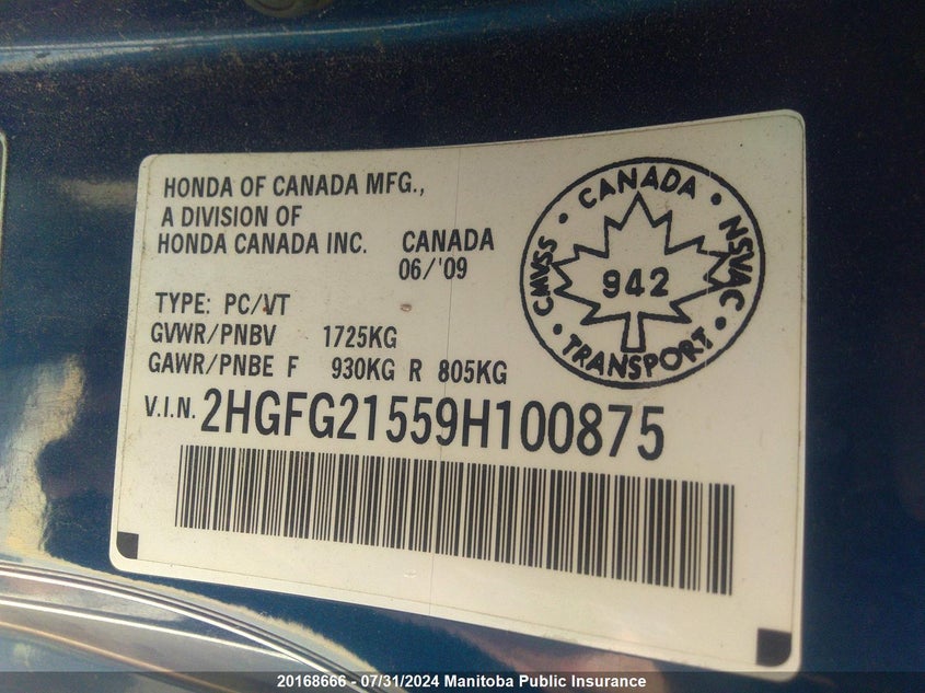 2009 Honda Civic Si VIN: 2HGFG21559H100875 Lot: 20168666