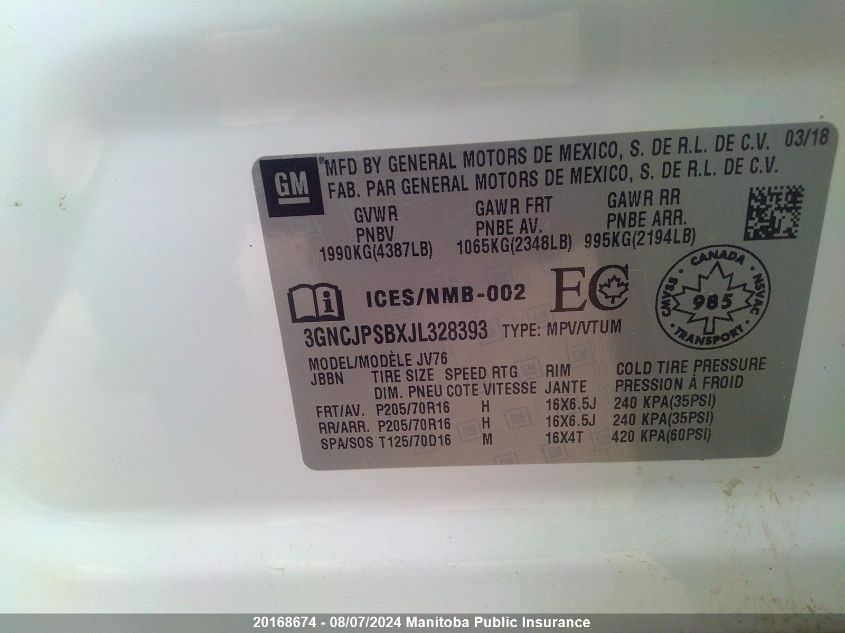 2018 Chevrolet Trax Lt VIN: 3GNCJPSBXJL328393 Lot: 20168674