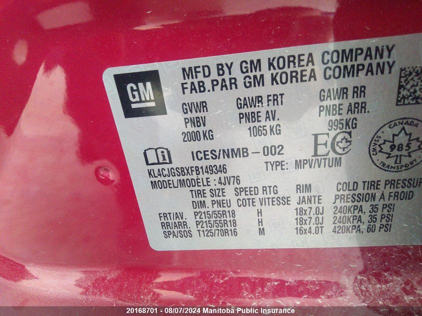 2015 Buick Encore VIN: KL4CJGSBXFB149346 Lot: 20168701