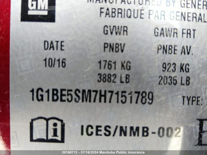 2017 Chevrolet Cruze Lt Turbo VIN: 1G1BE5SM7H7151789 Lot: 20168712