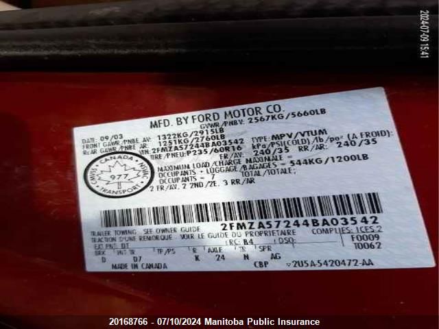 2004 Ford Freestar Sport VIN: 2FMZA57244BA03542 Lot: 20168766