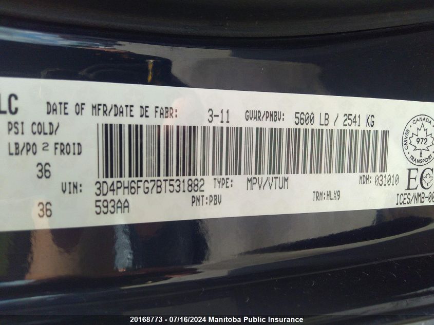 2011 Dodge Journey R/T VIN: 3D4PH6FG7BT531882 Lot: 20168773