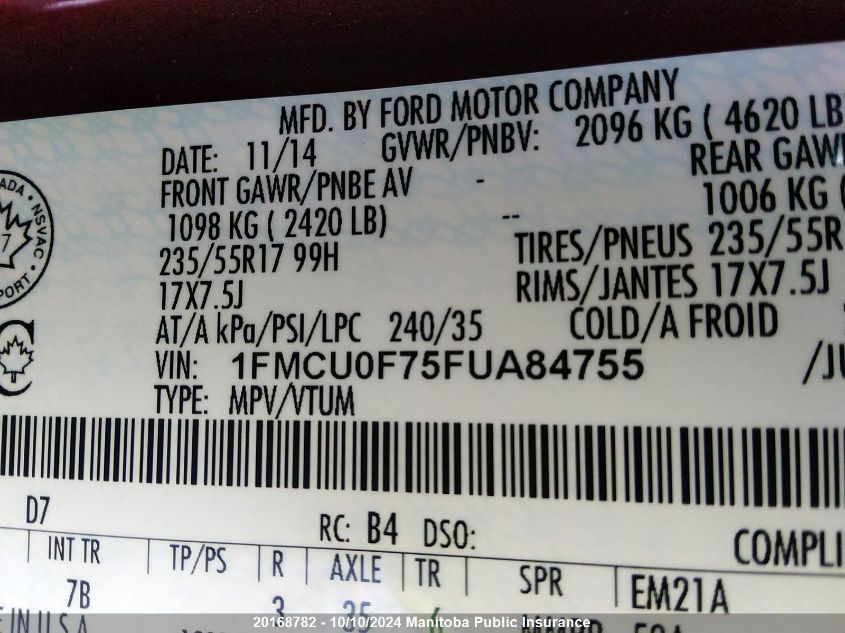 1FMCU0F75FUA84755 2015 Ford Escape S