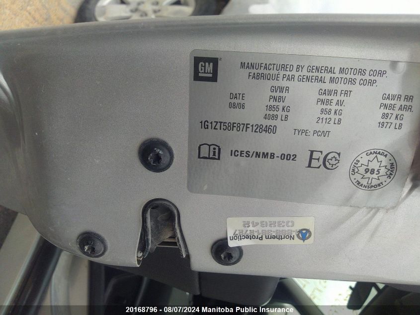 2007 Chevrolet Malibu Lt VIN: 1G1ZT58F87F128460 Lot: 20168796