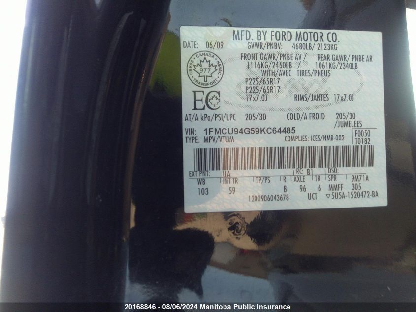 2009 Ford Escape Limited V6 VIN: 1FMCU94G59KC64485 Lot: 20168846