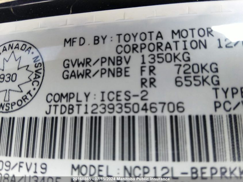 2003 Toyota Echo VIN: JTDBT123935046706 Lot: 20168865