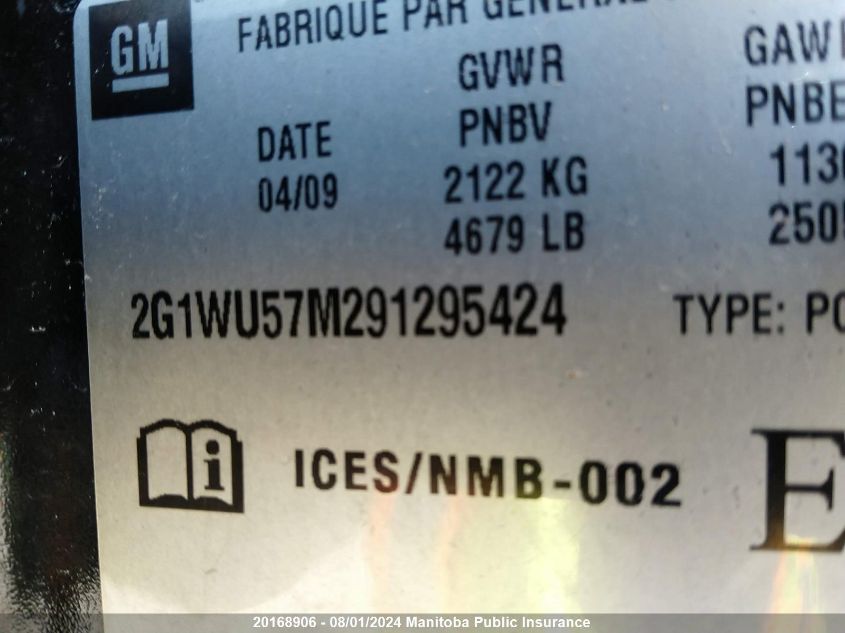 2009 Chevrolet Impala Ltz V6 VIN: 2G1WU57M291295424 Lot: 20168906