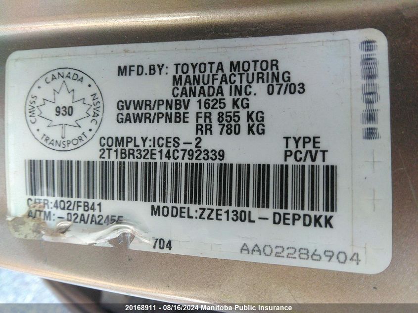 2004 Toyota Corolla Ce VIN: 2T1BR32E14C792339 Lot: 20168911