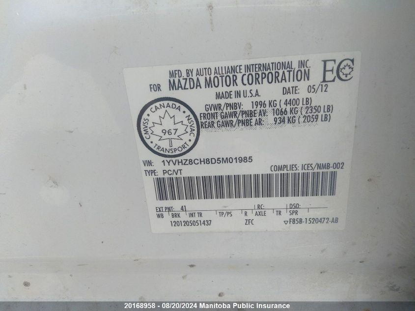 2013 Mazda 6 Mazda Gt VIN: 1YVHZ8CH8D5M01985 Lot: 20168958