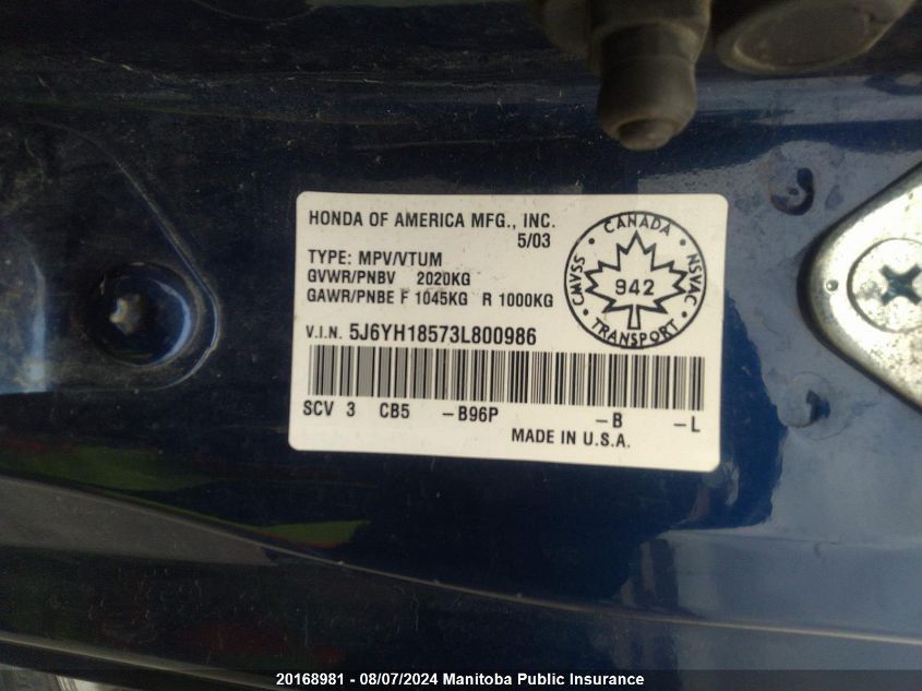 2003 Honda Element Ex VIN: 5J6YH18573L800986 Lot: 20168981