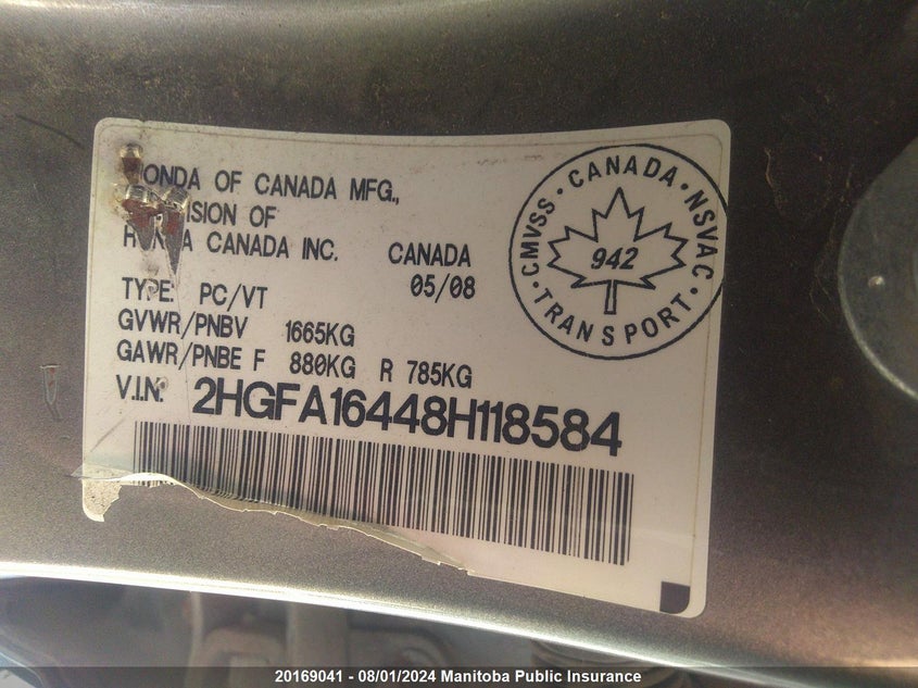 2008 Honda Civic Dx-G VIN: 2HGFA16448H118584 Lot: 20169041