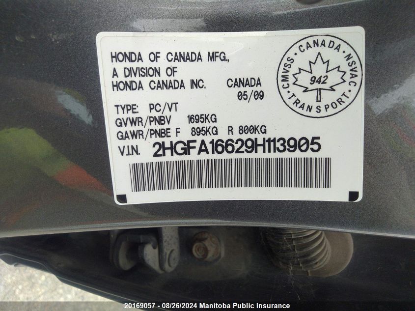 2009 Honda Civic Sport VIN: 2HGFA16629H113905 Lot: 20169057