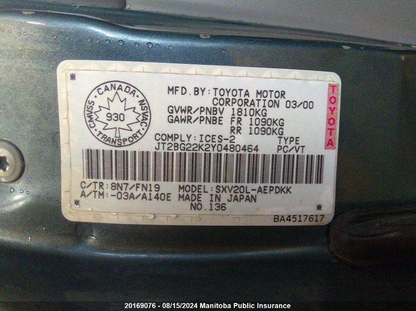 2000 Toyota Camry Ce VIN: JT2BG22K2Y0480464 Lot: 20169076