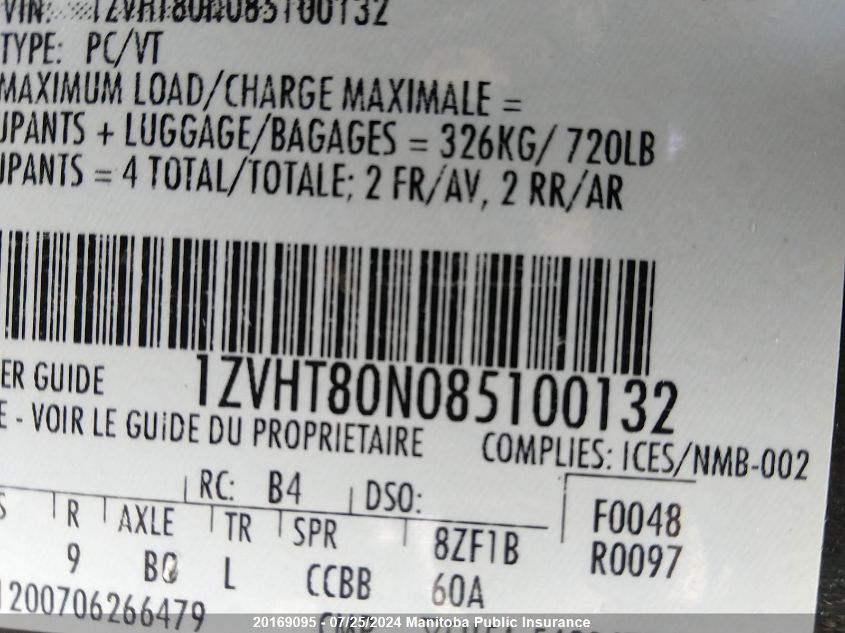 2008 Ford Mustang VIN: 1ZVHT80N085100132 Lot: 20169095
