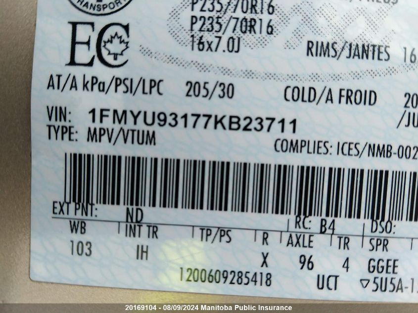 2007 Ford Escape Xlt V6 VIN: 1FMYU93177KB23711 Lot: 20169104