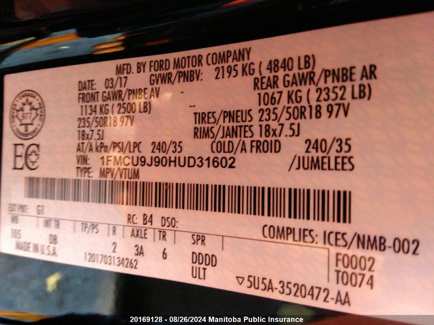 2017 Ford Escape Titanium VIN: 1FMCU9J90HUD31602 Lot: 20169128