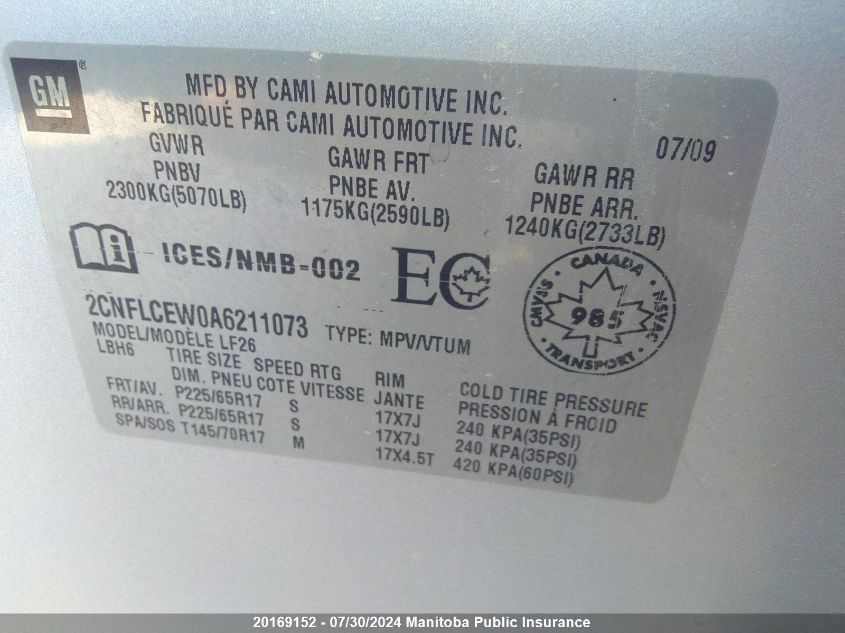 2010 Chevrolet Equinox Ls VIN: 2CNFLCEW0A6211073 Lot: 20169152