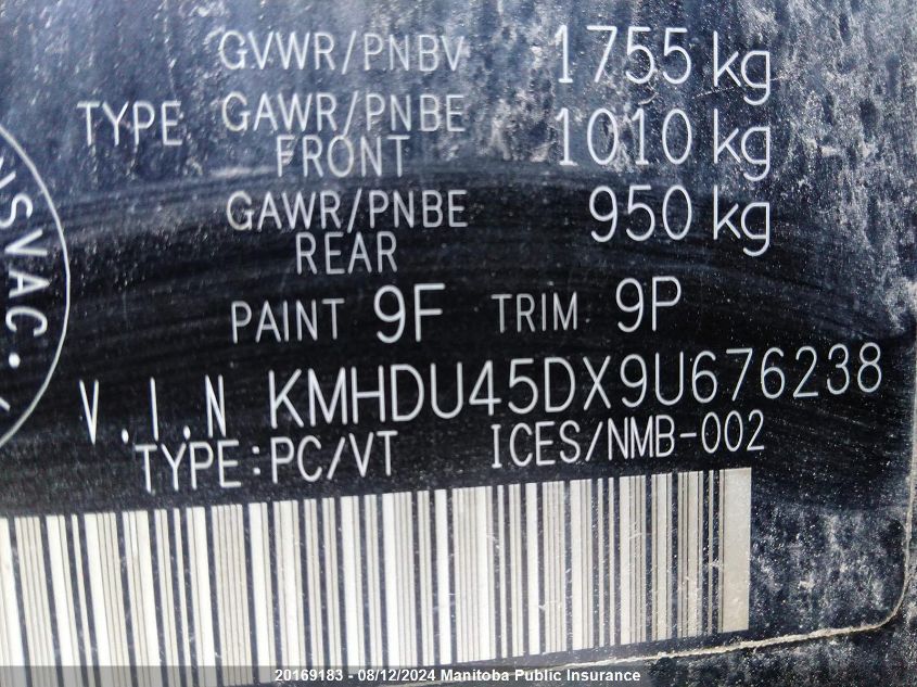 2009 Hyundai Elantra Gl VIN: KMHDU45DX9U676238 Lot: 20169183