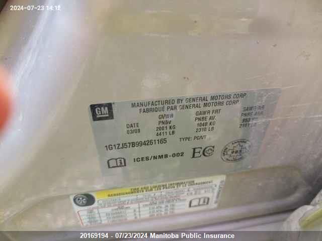 2009 Chevrolet Malibu Lt VIN: 1G1ZJ57B994261165 Lot: 20169194