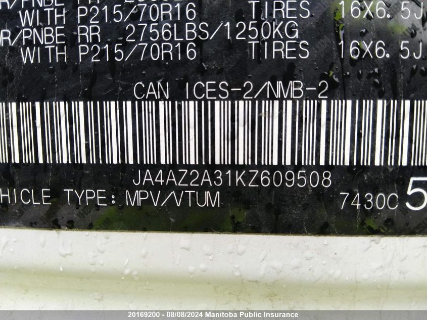 2019 Mitsubishi Outlander Es VIN: JA4AZ2A31KZ609508 Lot: 20169200