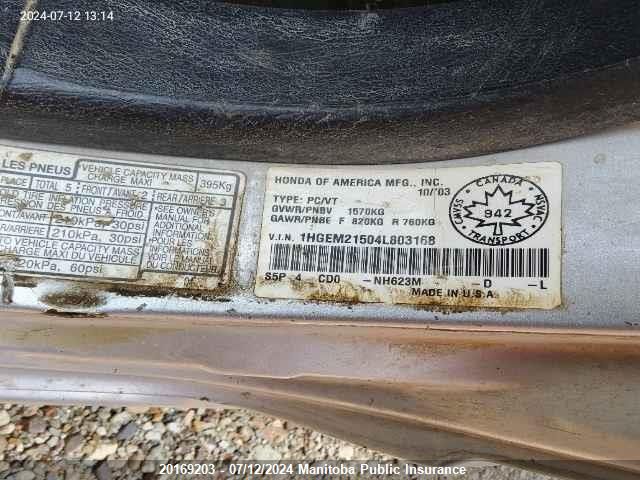 2004 Honda Civic Lx VIN: 1HGEM21504L803168 Lot: 20169203