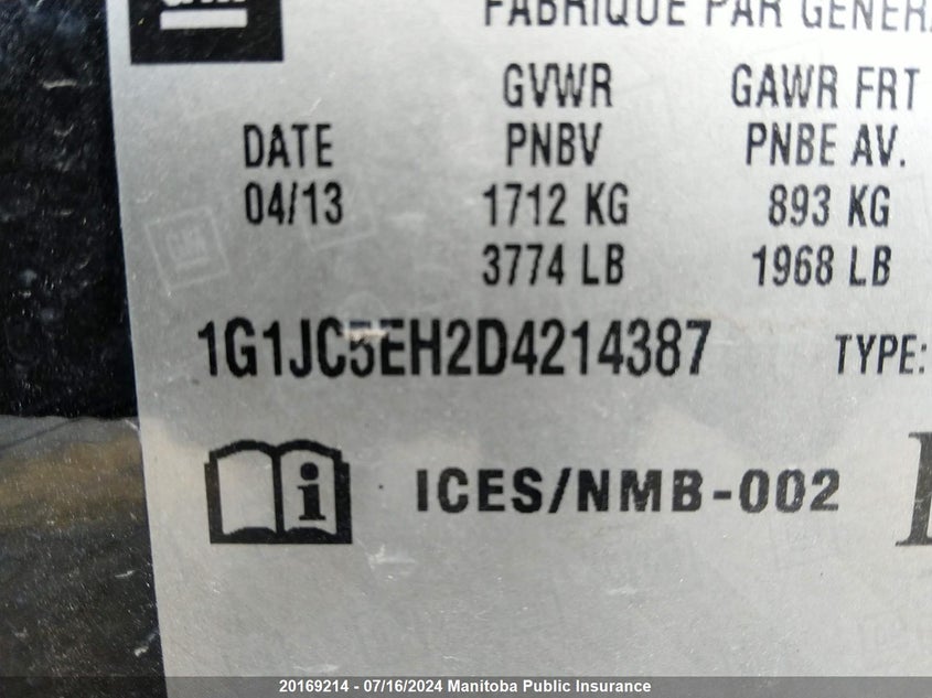 2013 Chevrolet Sonic Lt VIN: 1G1JC5EH2D4214387 Lot: 20169214