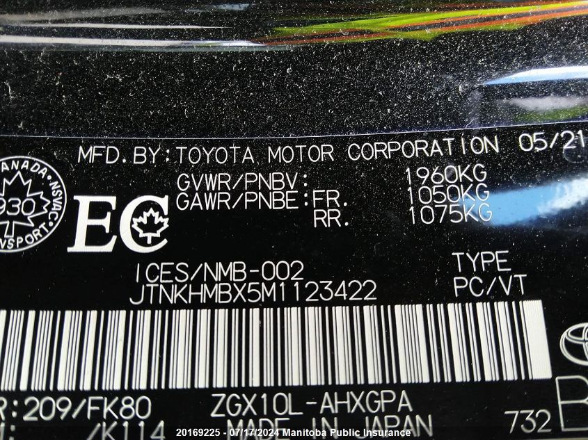 2021 Toyota C-Hr Xle Premium VIN: JTNKHMBX5M1123422 Lot: 20169225