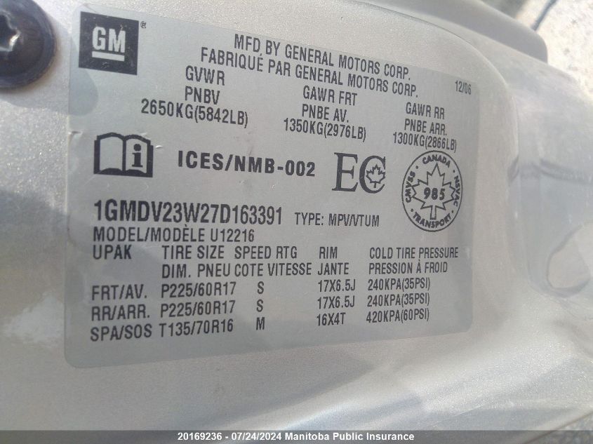 2007 Pontiac Montana Sv6 Ext VIN: 1GMDV23W27D163391 Lot: 20169236