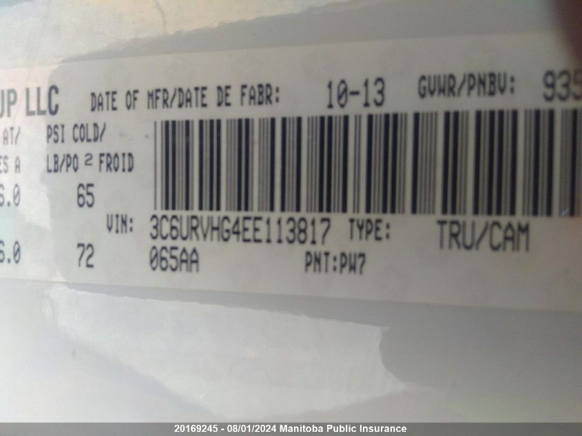 2014 Ram Promaster 3500 Cargo Van Ext VIN: 3C6URVHG4EE113817 Lot: 20169245