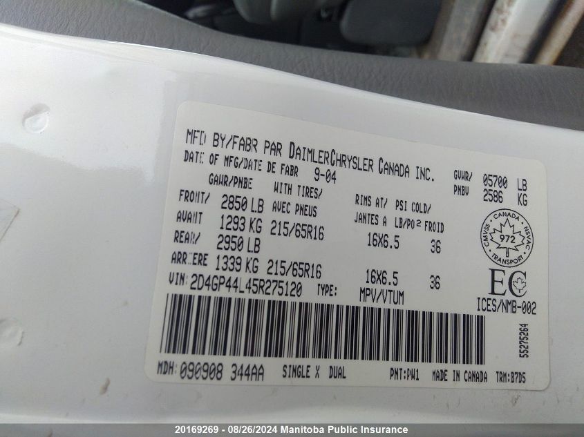 2005 Dodge Grand Caravan Se VIN: 2D4GP44L45R275120 Lot: 20169269