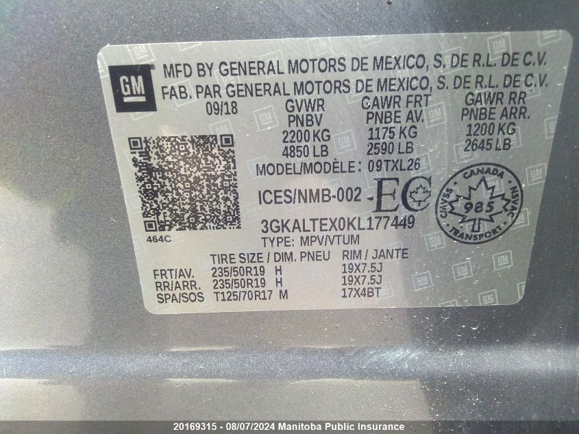 2019 GMC Terrain Sle VIN: 3GKALTEX0KL177449 Lot: 20169315