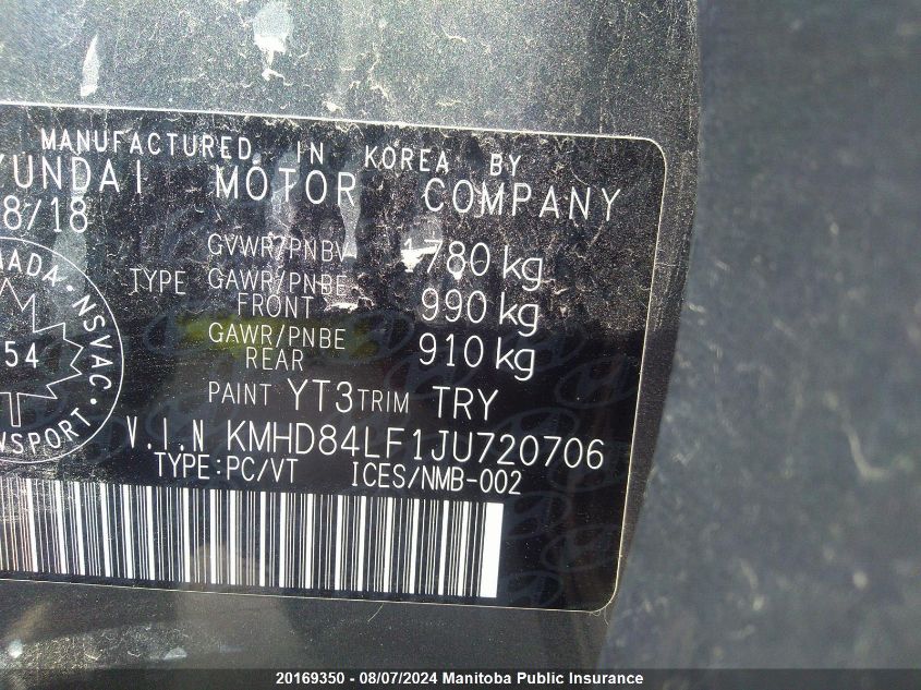 2018 Hyundai Elantra Sel/Value/Limited VIN: KMHD84LF1JU720706 Lot: 20169350