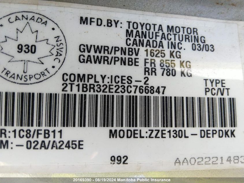 2003 Toyota Corolla Ce/Le/S VIN: 2T1BR32E23C766847 Lot: 20169390